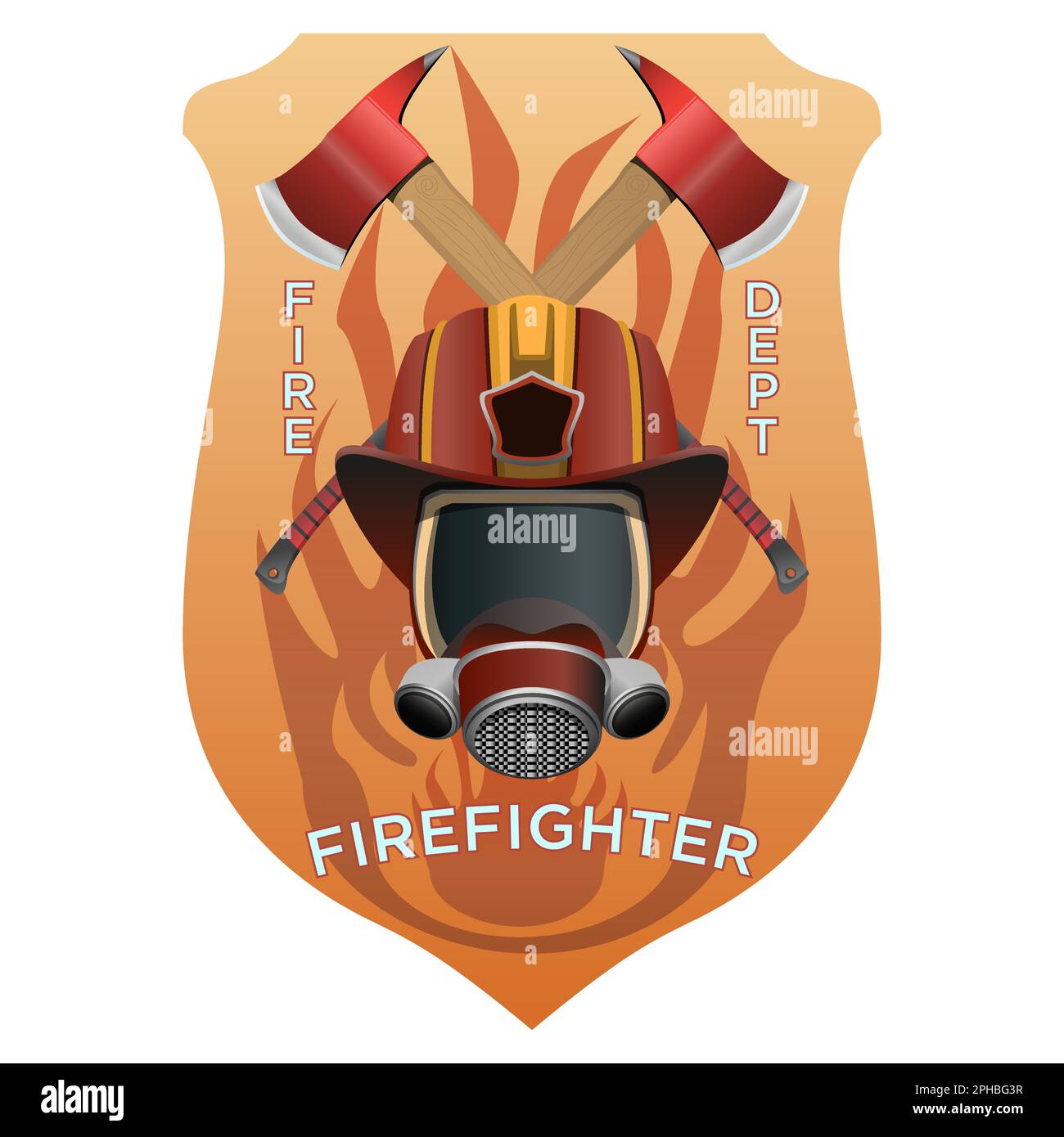 Insigne de pompier. Masque de pompier, casque et haches derrière le badge de bouclier. Illustration vectorielle colorée sur fond blanc. Illustration de Vecteur