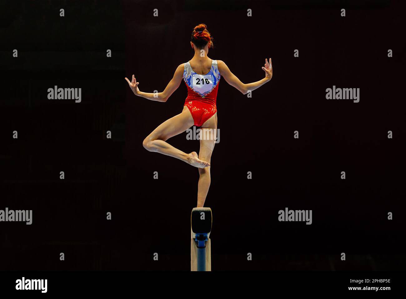 arrière athlète féminine de gymnaste équilibrant sur la gymnastique de ...