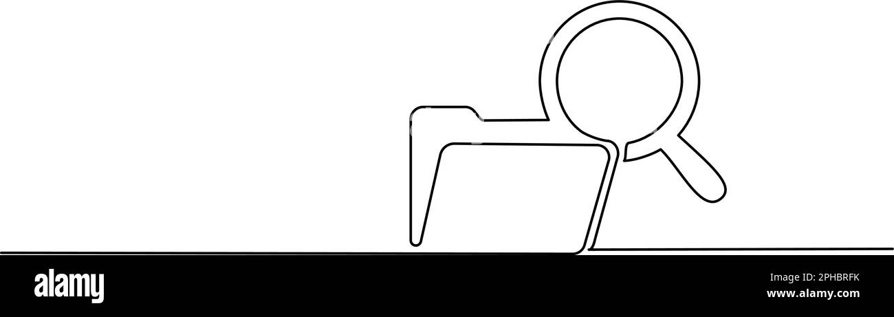 Dossier de documents papier avec loupe. Concept de notes de bureau. Mise en plan continue d'une ligne d'un document papier. Concept d'analyse commerciale Illustration de Vecteur