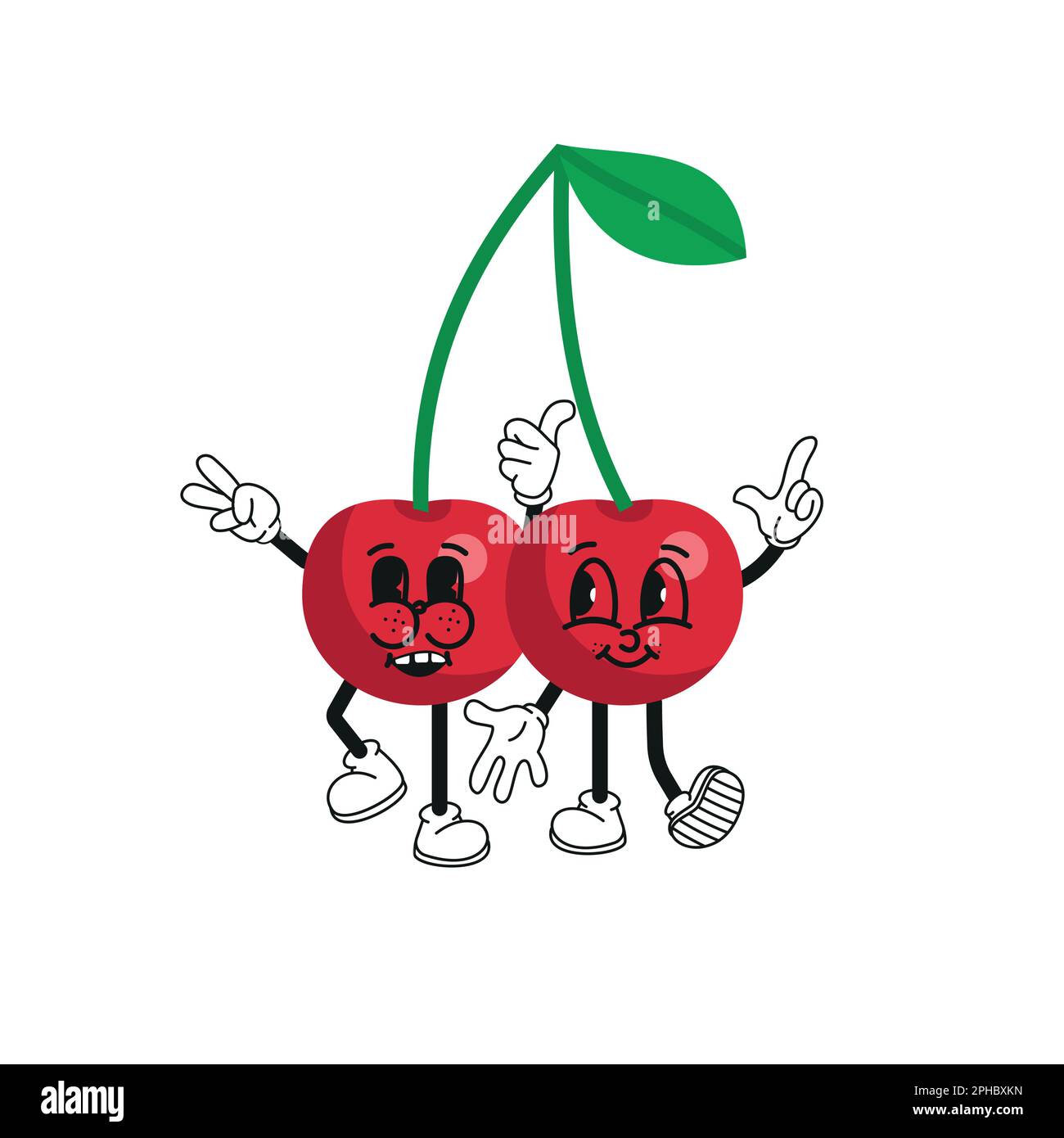 Vecteur couple drôle de cerises sous forme de coeurs dans le style rétro. Autocollant « Y2K cerises rouges souriantes ». Bonne Saint Valentin. L'illustration de l'amour dans le plat de Illustration de Vecteur