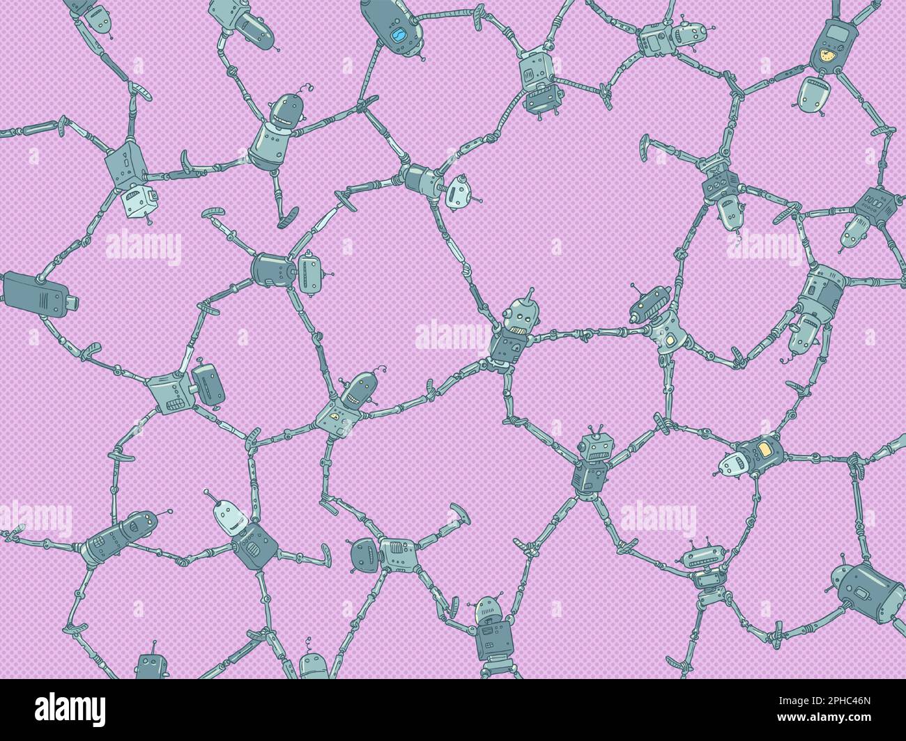 Communication de l'intelligence artificielle entre ses parties. Protection des données robotisées. Réseaux neuronaux de nombreux robots laborieux se tiennent entre eux. Illustration de Vecteur