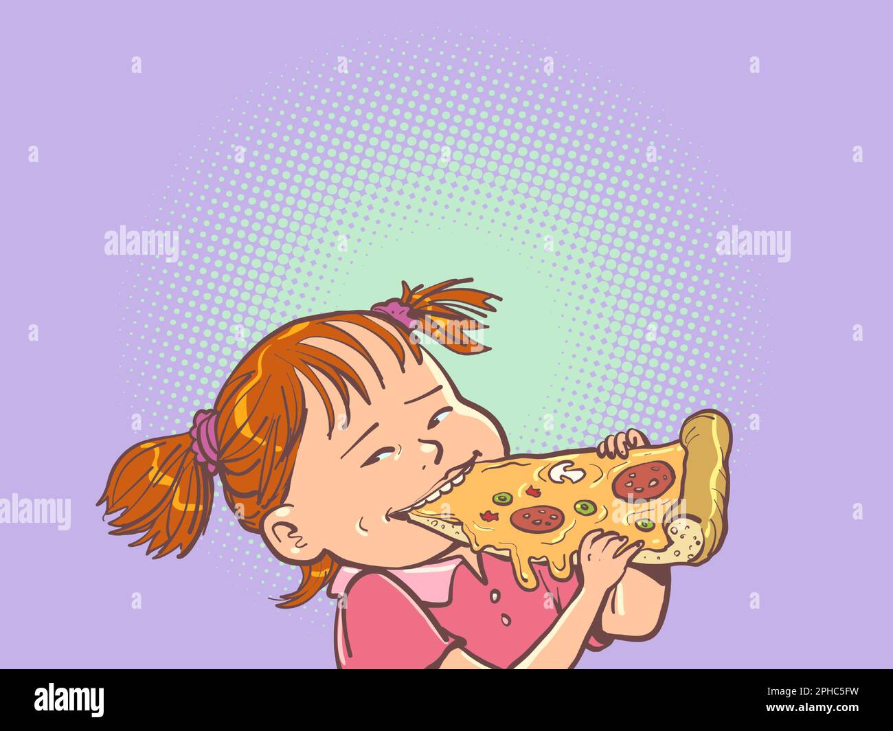 Une fille aux cheveux rouges mange une délicieuse pizza. Service de livraison rapide de nourriture. Mauvaises habitudes, problèmes de santé et éducation. Illustration de Vecteur