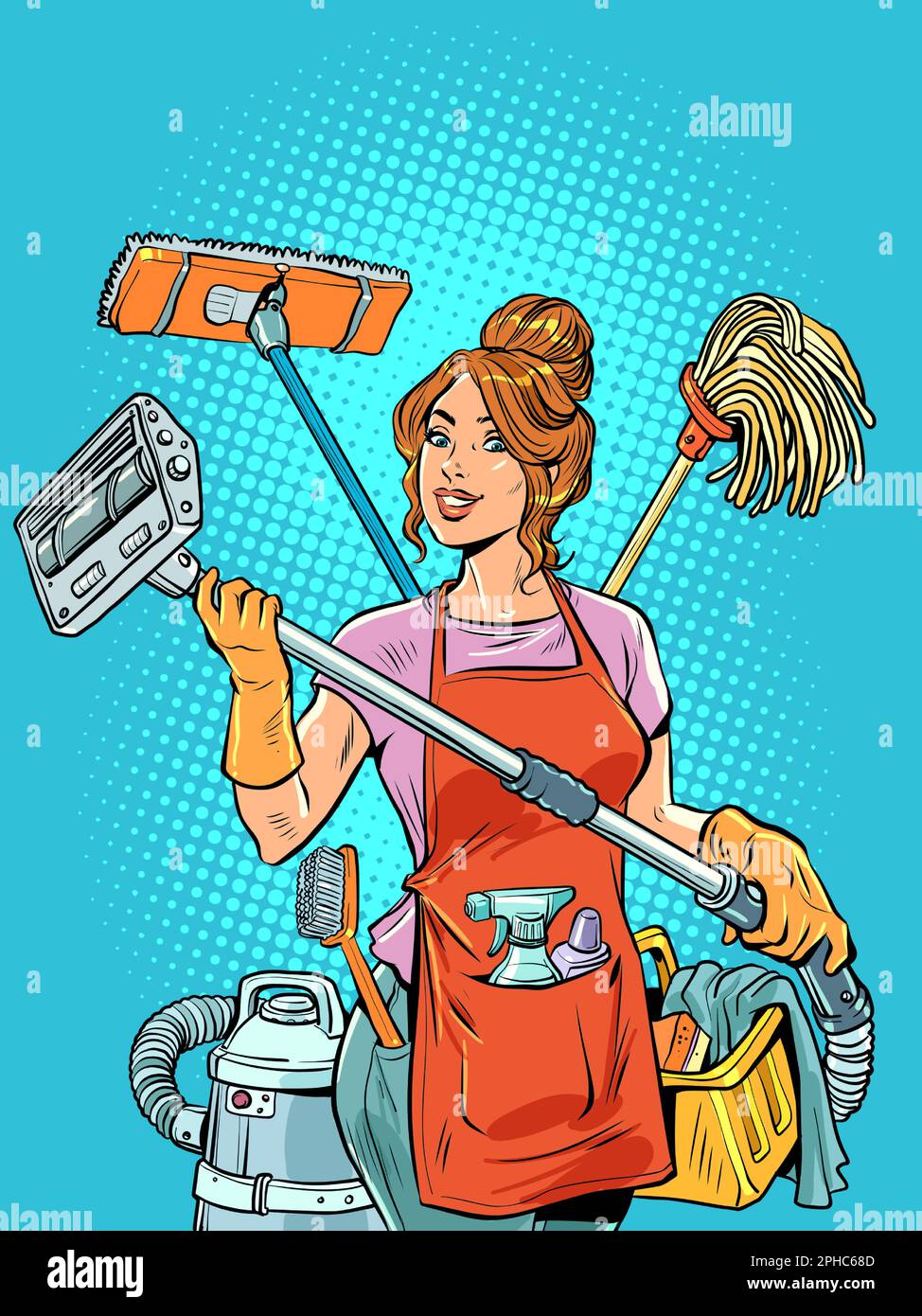 Une belle femme au foyer organise le nettoyage et la vie dans sa maison pour toute la famille et elle-même. Travaux ménagers multitâches pour femme. Illustration de Vecteur