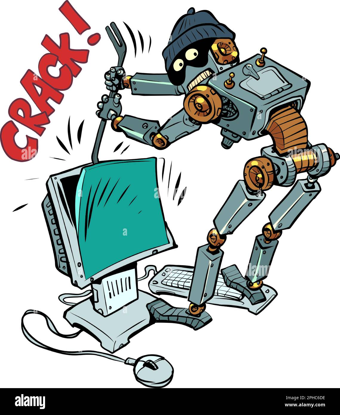 Un robot-voleur humanoïde et un voleur dans un chapeau hacks dans votre ordinateur. Le problème de la sécurité et de l'authentification dans l'espace numérique. Attaque de Illustration de Vecteur