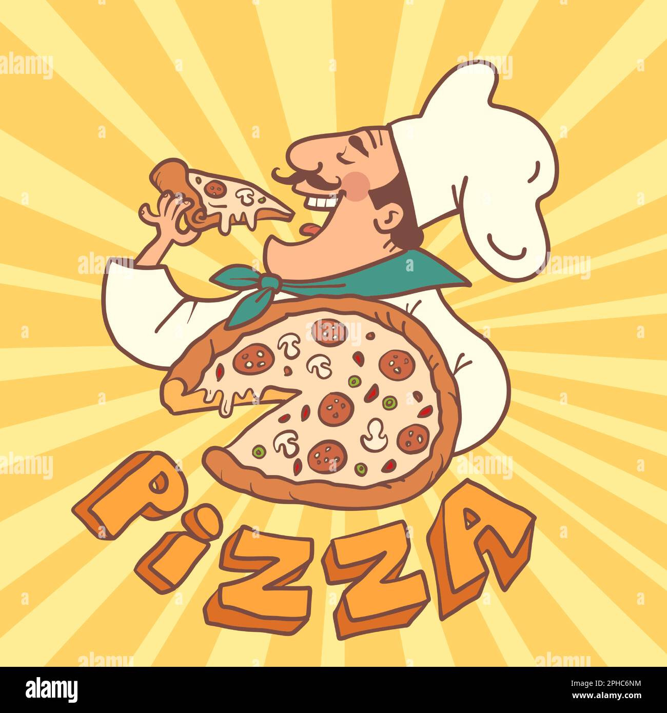 Un homme dans un chapeau et un uniforme de chef tient et mange de la pizza. Restaurant italien. Livraison de la nourriture la plus délicieuse et fraîche. Produit Illustration de Vecteur