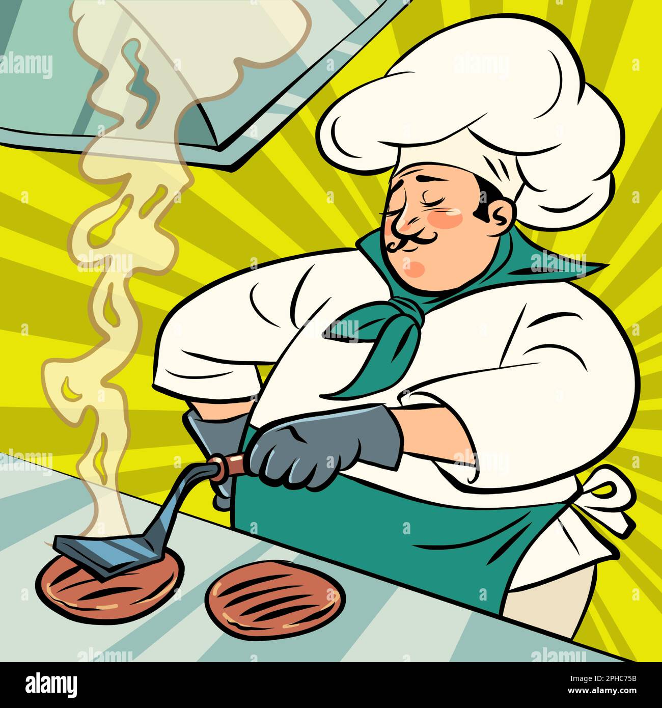 chef homme friture côtelettes pour hamburgers, restauration rapide restaurant cuisine de rue Illustration de Vecteur