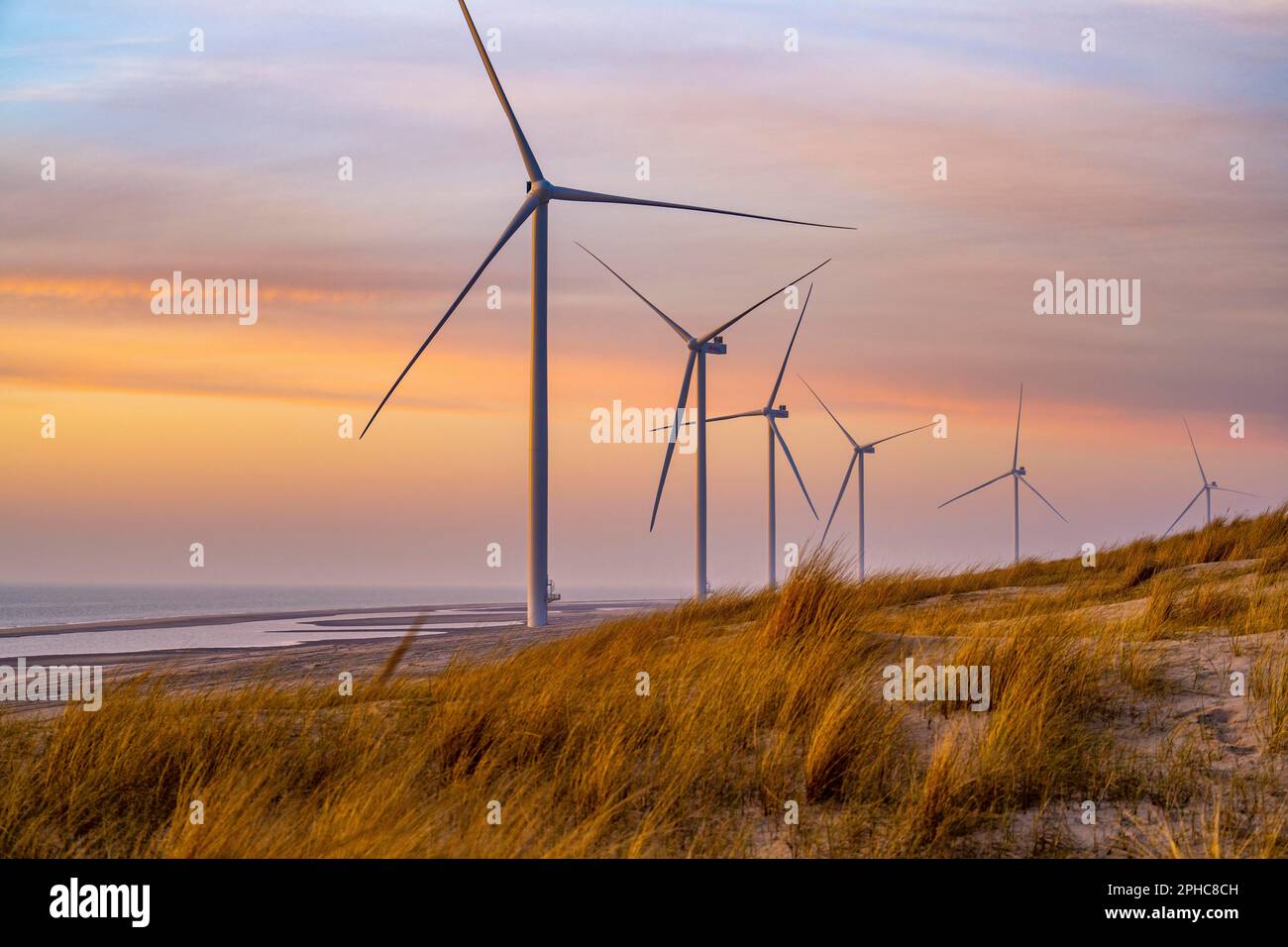 PARC éolien D'ENECO sur la digue autour du port Maasvlakte 2, 22 éoliennes d'une capacité de 116 mégawatts, coucher de soleil, Rotterdam, pays-Bas Banque D'Images