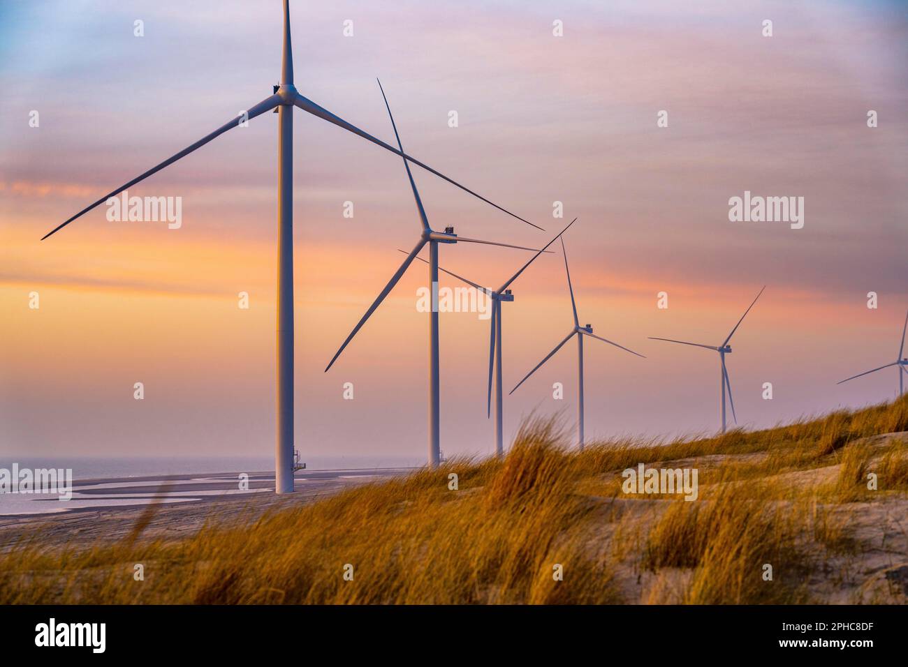 PARC éolien D'ENECO sur la digue autour du port Maasvlakte 2, 22 éoliennes d'une capacité de 116 mégawatts, coucher de soleil, Rotterdam, pays-Bas Banque D'Images