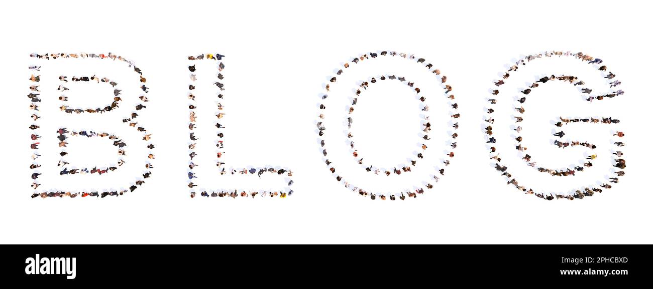 Vaste communauté conceptuelle de personnes formant le mot BLOG. 3d métaphore de l'illustration pour les médias sociaux, l'écriture en ligne, la créativité, la technologie Banque D'Images