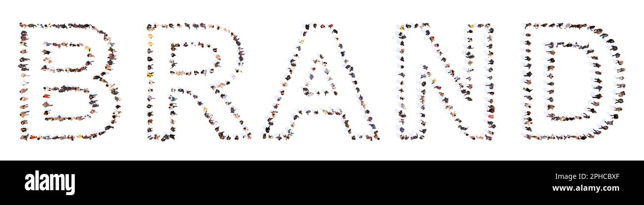 Concept ou conceptuel vaste communauté de personnes formant le mot MARQUE. 3d métaphore de l'illustration pour les affaires, l'identité d'entreprise, le design moderne Banque D'Images