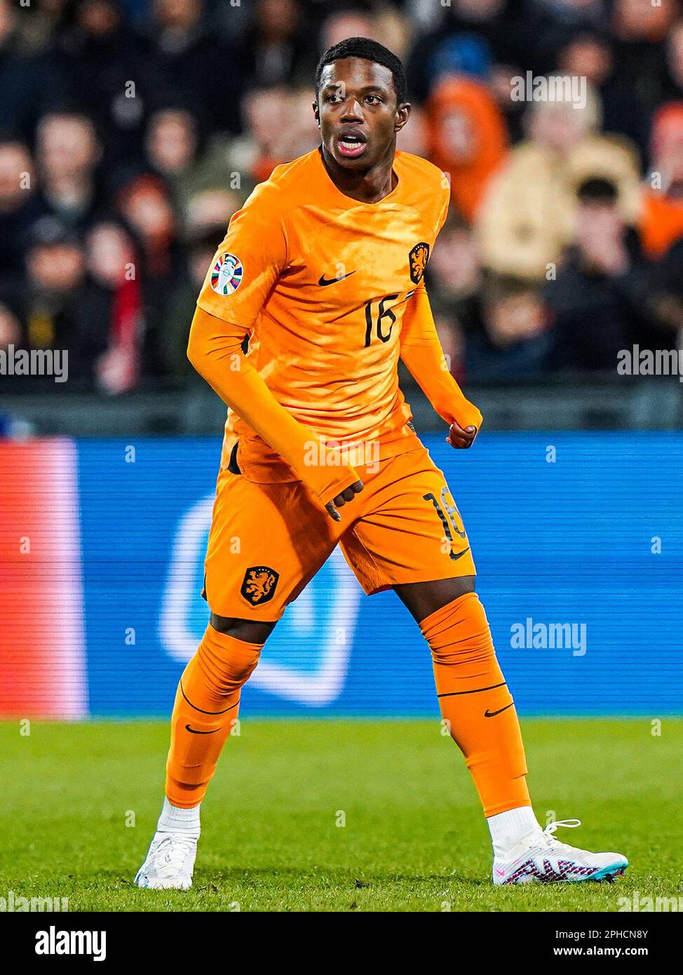 Rotterdam, pays-Bas. 27th mars 2023. Rotterdam - Tyrell Malacia de Hollande pendant le match entre les pays-Bas et Gibraltar au Stadion Feijenoord de Kuip le 27 mars 2023 à Rotterdam, pays-Bas. Crédit : photos Box to Box/Alamy Live News Banque D'Images