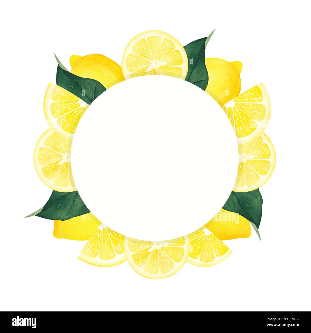 Cadre rond de citron aquarelle dessiné à la main. Illustration aquarelle couronne de citron et de feuilles. Peut être utilisé comme carte de vœux pour l'arrière-plan, la naissance Banque D'Images