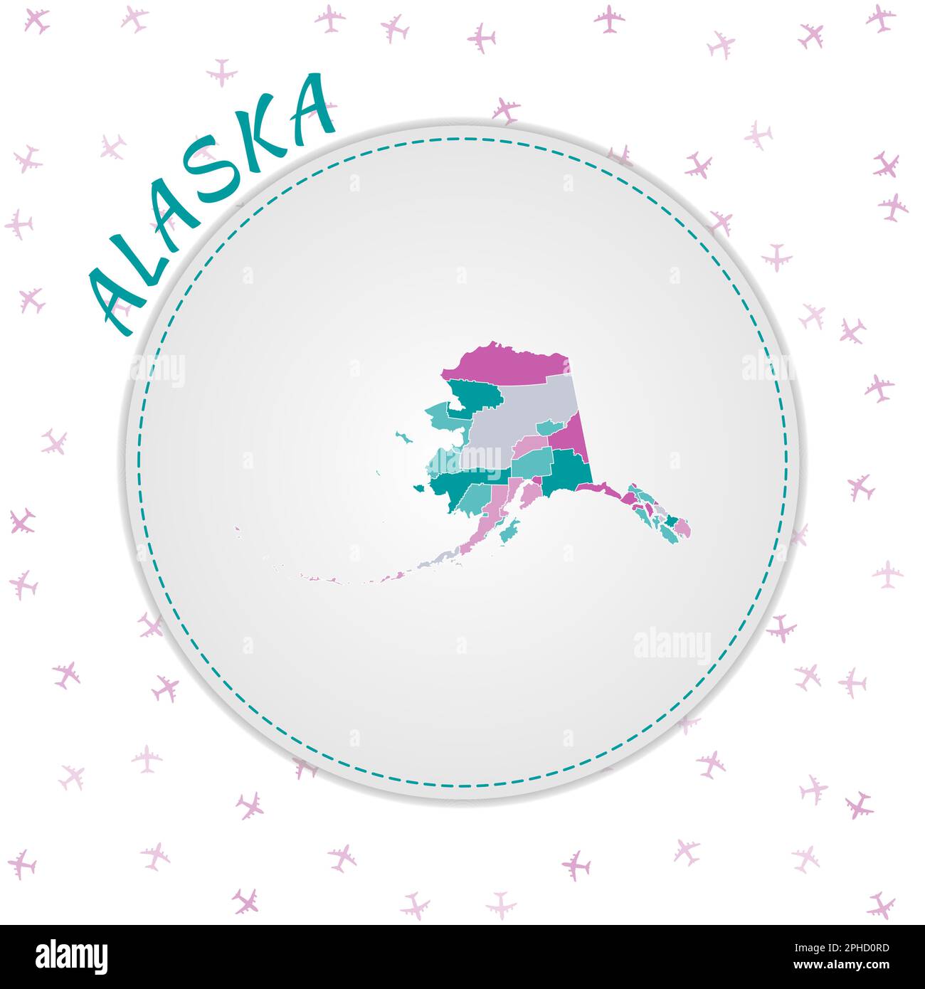 Conception de carte Alaska. Carte de l'état américain avec les régions dans la palette de couleurs émeraude-améthyste. Illustration de Vecteur