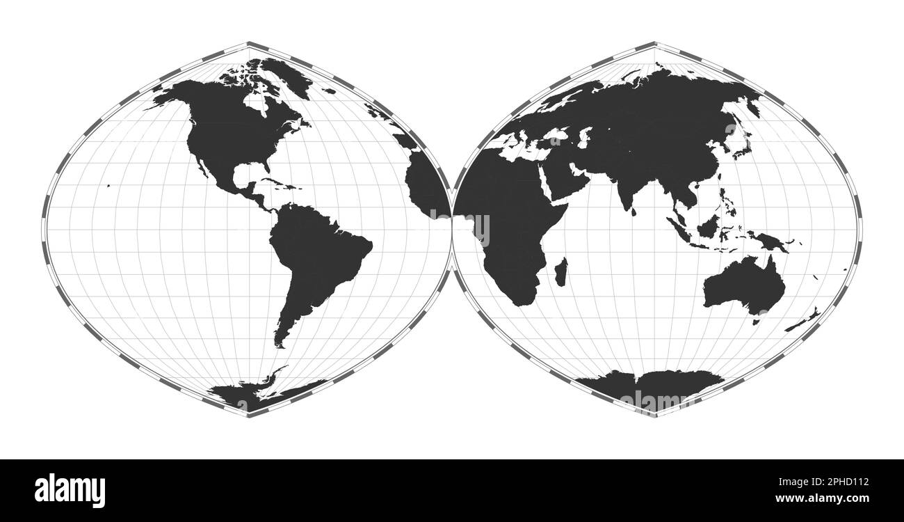 Carte du monde vectorielle. Projection authalique quartique interrompue en deux hémisphères. Carte géographique du monde simple avec les lignes de latitude et de longitude. Illustration de Vecteur