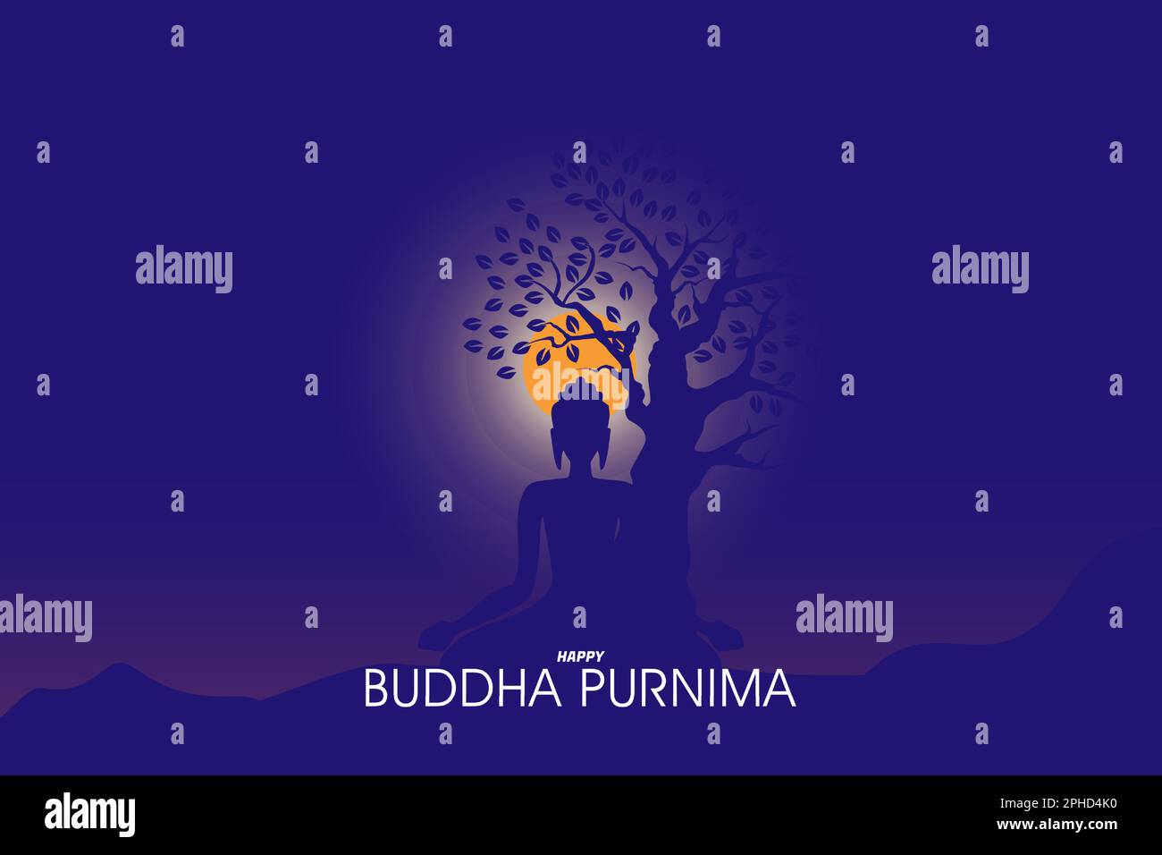 Illustration de la méditation bouddhiste sous un arbre nuit, vue sur la lune claire ci-dessus, pour le festival bouddhiste, le Bouddha heureux Purnima Vesak, affiche, bannière, Illustration de Vecteur