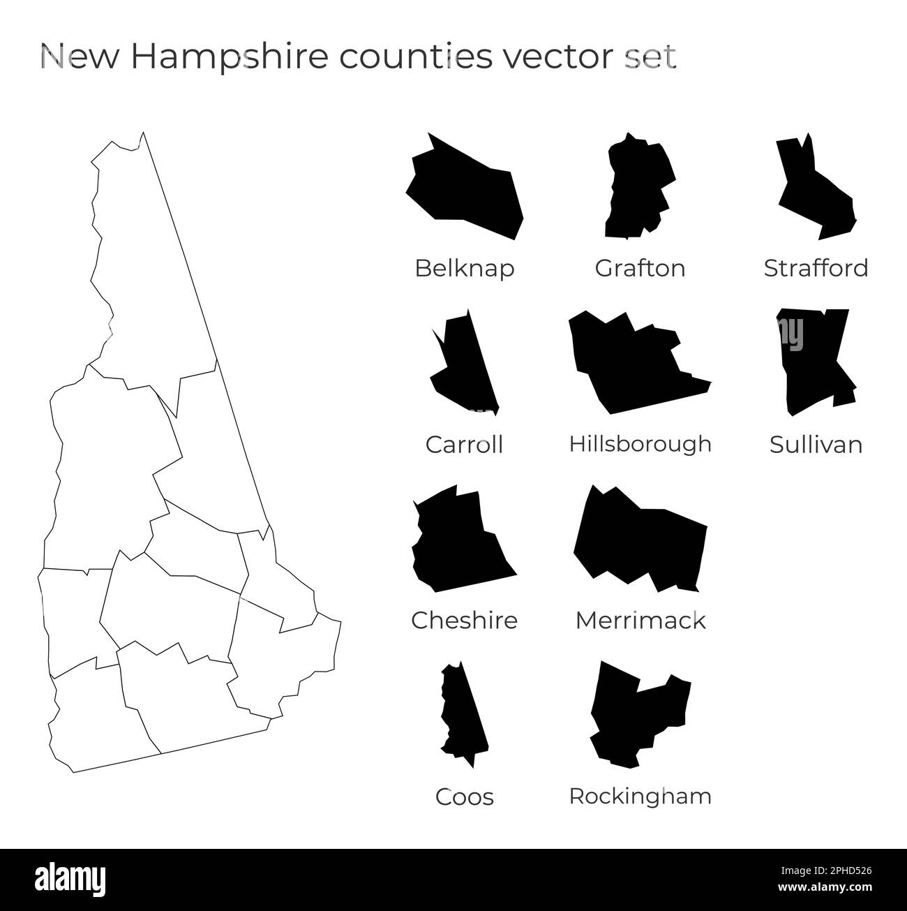 Carte du New Hampshire avec les formes des comtés. Carte vectorielle vierge de l'état des États-Unis avec les comtés. Frontières de l'état américain pour votre infographie. Illustration de Vecteur