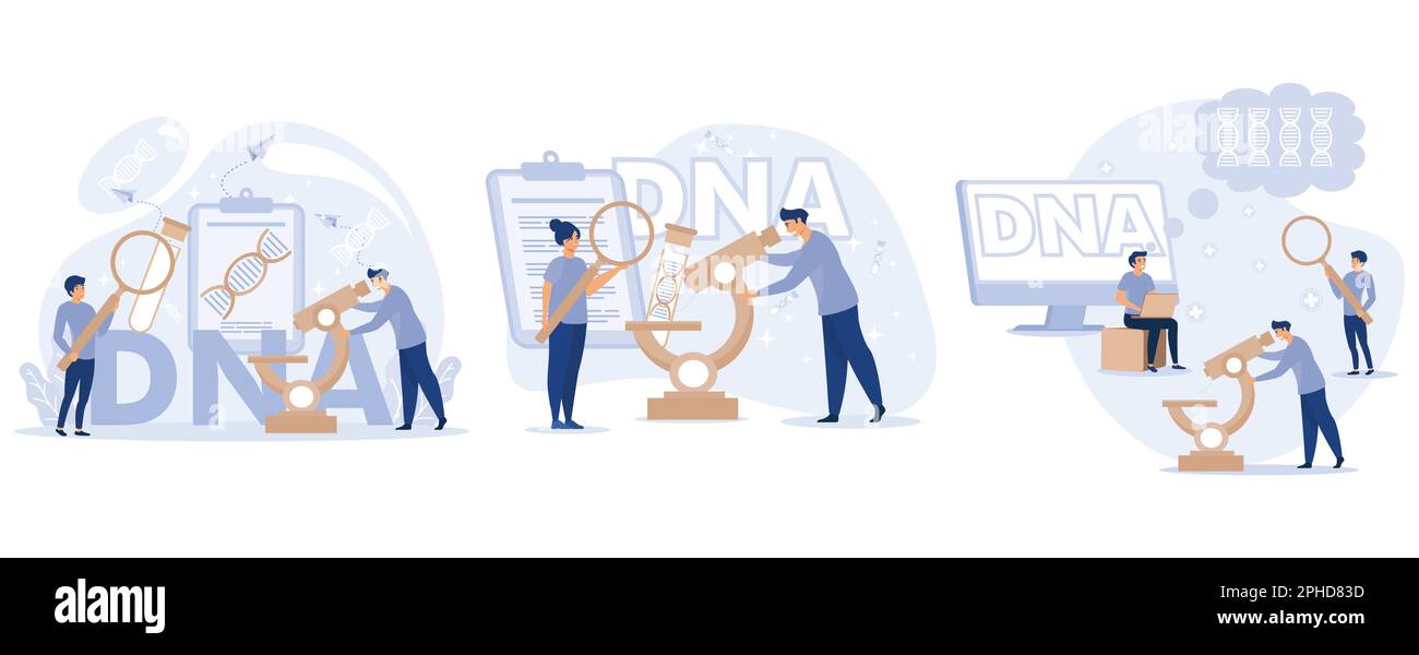 La science de l'ADN génétique. De minuscules scientifiques qui étudient et testent l'ADN en laboratoire. Signe de l'hélice du gros gène. Équipement de laboratoire. définir l'illustrat moderne à vecteur plat Illustration de Vecteur