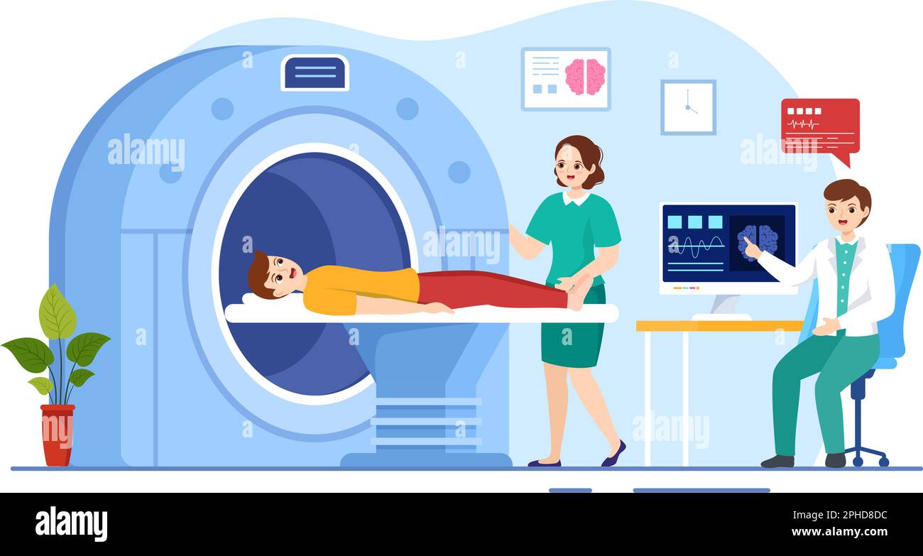 Illustration d'imagerie par résonance magnétique ou IRM avec un médecin et un patient en examen médical et une acquisition CT sur un dessin animé à la main Illustration de Vecteur