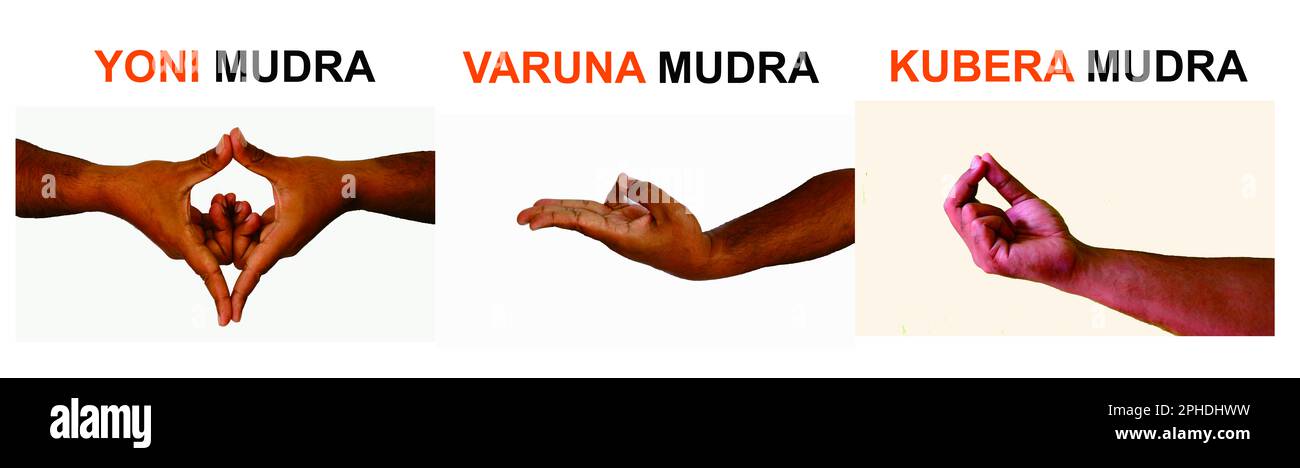ensemble de 3 mudras à main. Il comprend des mudras, Yoni Mudra, Varuna Mudra, Kubera Mudra. Les gestes sont isolés sur fond blanc. Banque D'Images