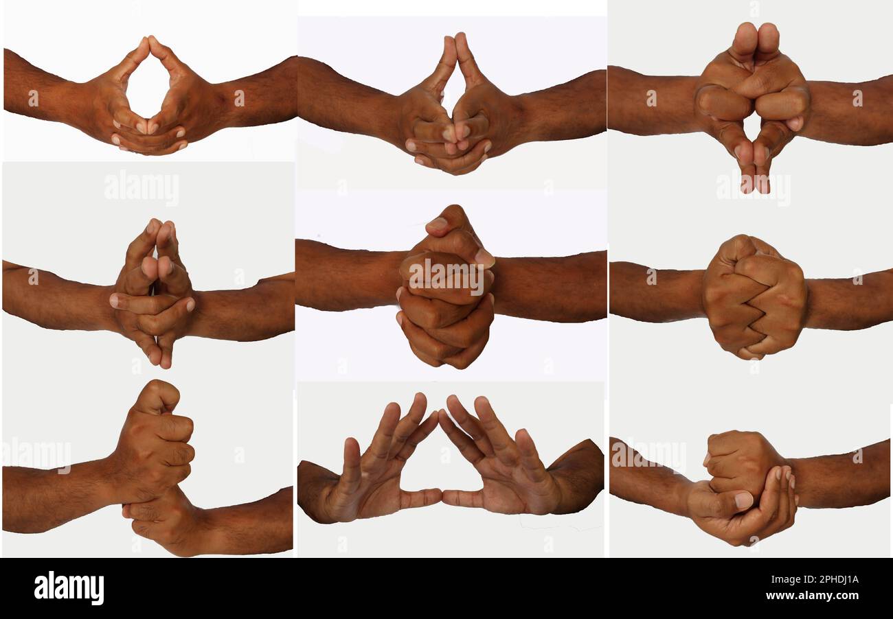 ensemble de 9 mudras à main. Il inclut de tels mudras,. Les gestes sont isolés sur fond blanc. Banque D'Images