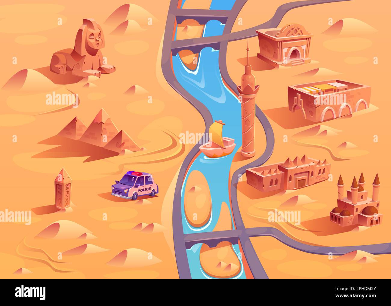 Carte du désert de l'Égypte arrière-plan pour l'illustration de dessin animé de scène de niveau jeu. Mosquée stylisée, temple et pyramide dans un environnement de sable chaud avec voiture de police. Pont et rivière près du chemin à travers les bâtiments dans les dunes. Illustration de Vecteur