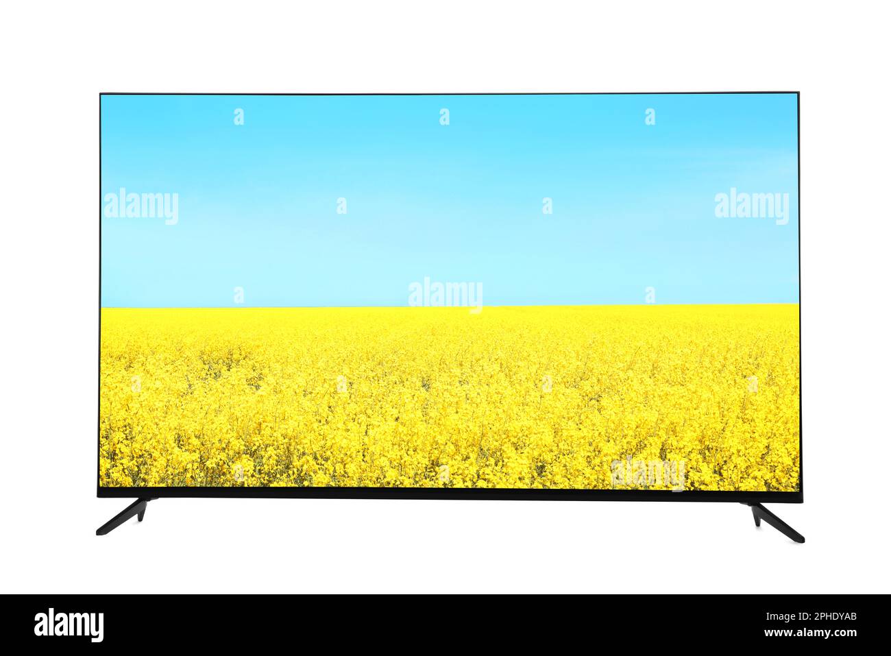 Téléviseur grand écran moderne avec champ de fleurs jaunes et ciel bleu isolé sur blanc Banque D'Images