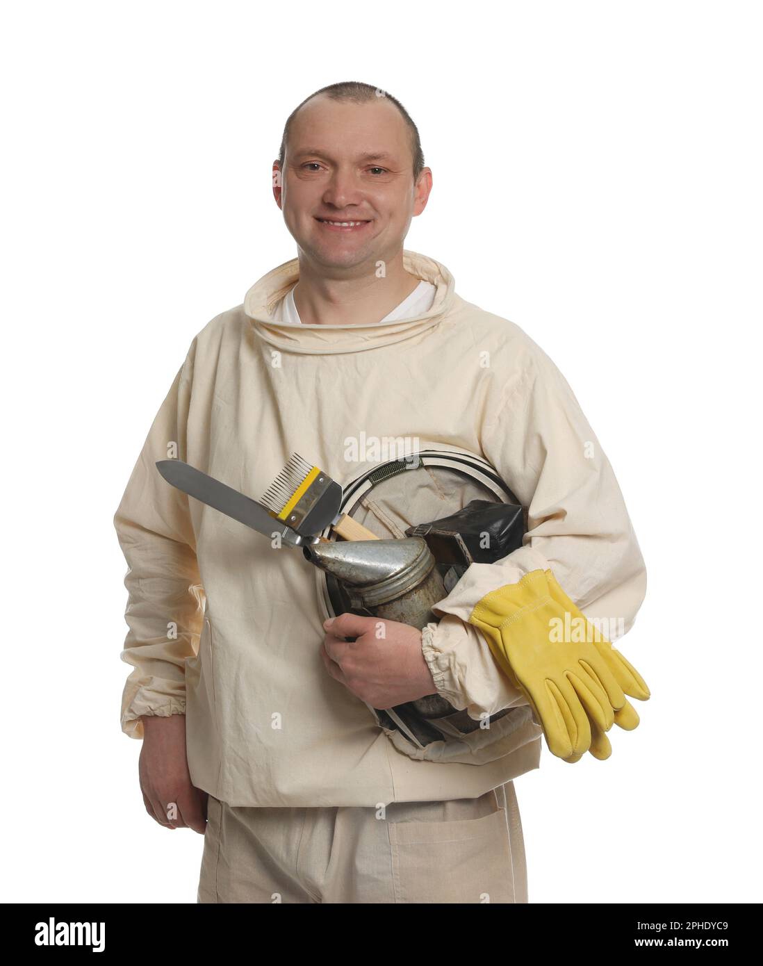 Un gardien de faisceau en uniforme avec des outils sur fond blanc Banque D'Images