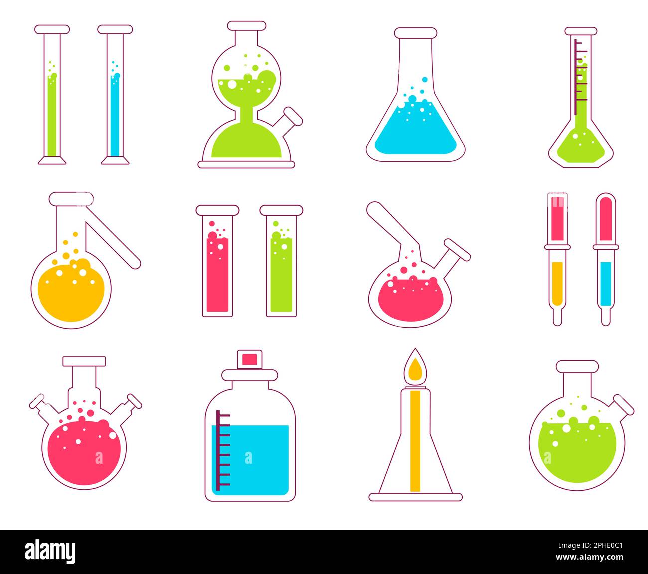 Test scientifique en tube, bécher et flacon. Équipement en verre dans un laboratoire de chimie. Illustration de Vecteur