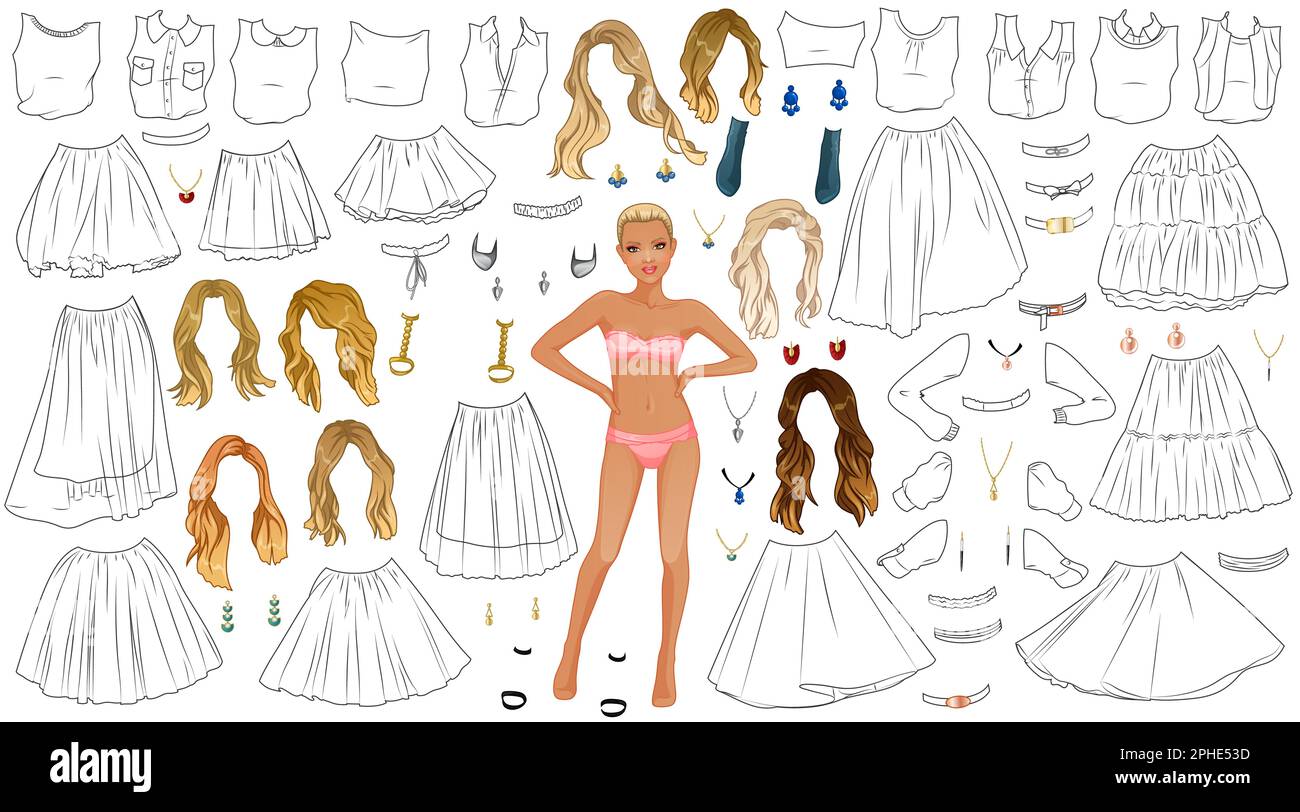 Tutu Jupe coloriage page poupée en papier avec vêtements, coiffures, chaussures et accessoires. Illustration vectorielle Illustration de Vecteur