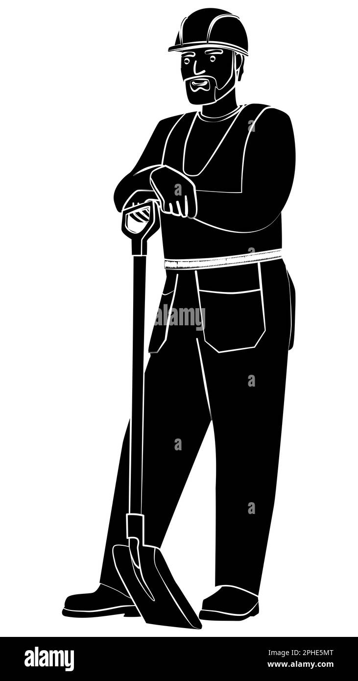 Silhouette de l'homme dans les vêtements de travail et le casque dur se tient debout sur la pelle, isolé sur blanc. Elément de conception vectoriel. Banque D'Images