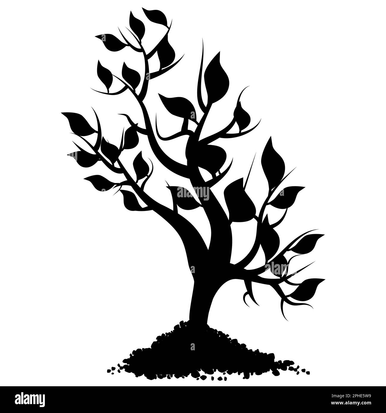 Silhouette noire d'une jeune pousse d'arbre avec des feuilles en tas de sol isolées sur blanc. Elément de conception vectoriel. Banque D'Images