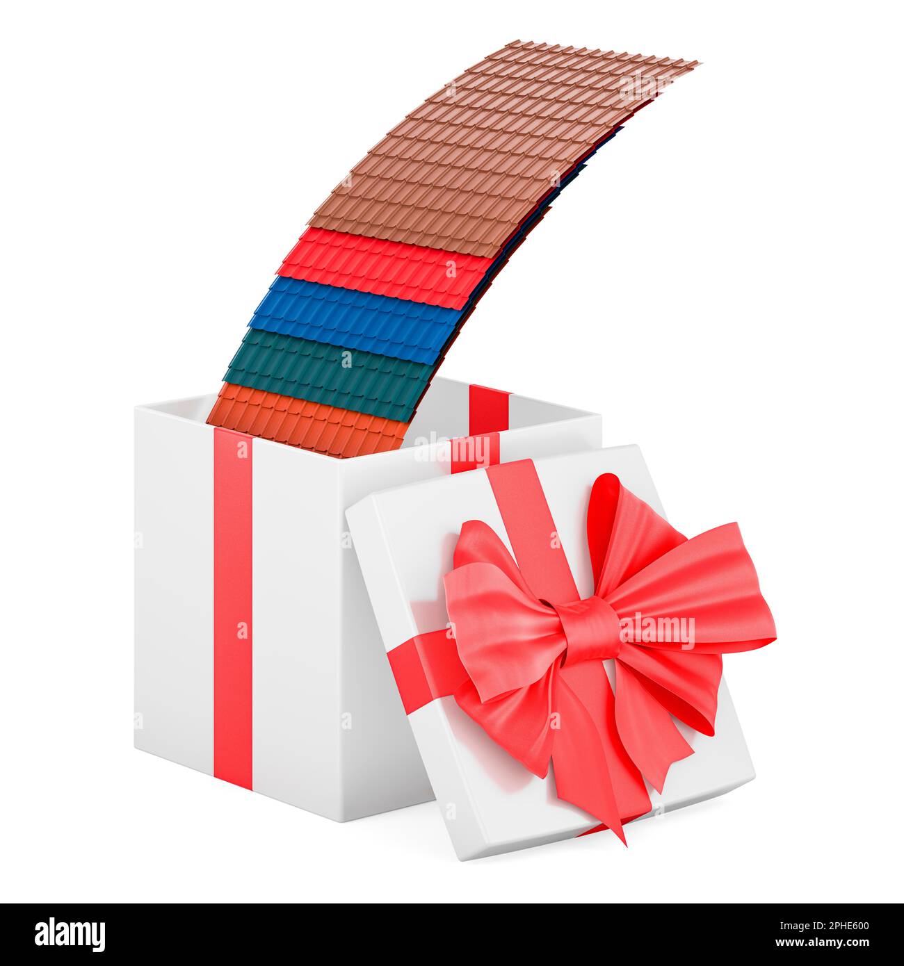 Tuiles de toit en métal de couleur à l'intérieur de la boîte cadeau, concept de présent. 3D rendu isolé sur fond blanc Banque D'Images