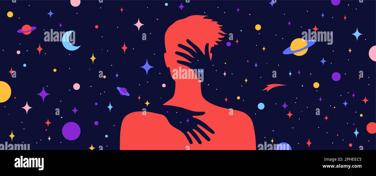 Caractère moderne et plat. Les mains épousent la silhouette de l'homme avec un univers de rêve, un cosmos, un fond d'étoiles. Simple personnage de jeune garçon, énergie esprit connexion univers nuit étoilée. Illustration vectorielle Illustration de Vecteur