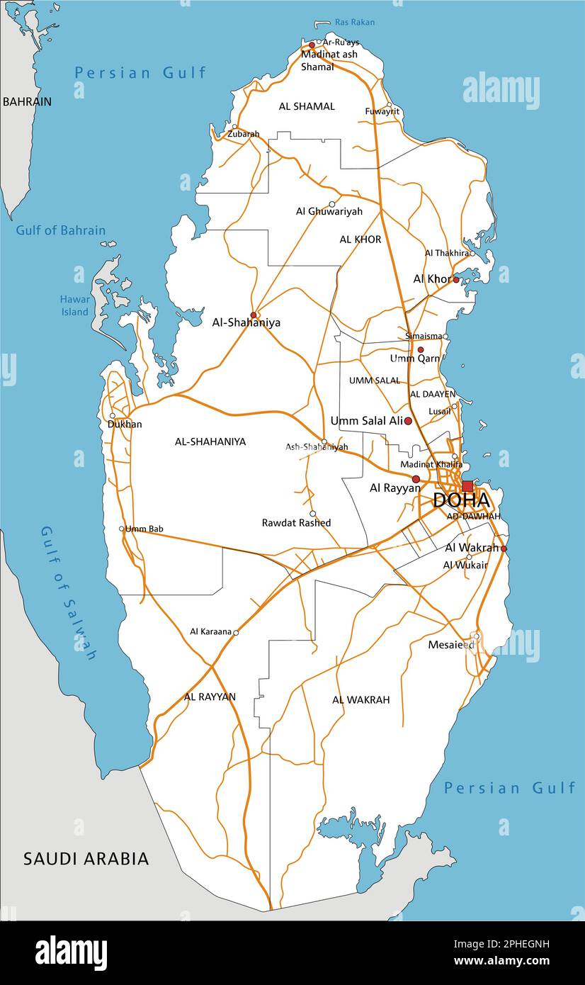 Feuille de route détaillée du Qatar avec étiquetage. Illustration de Vecteur