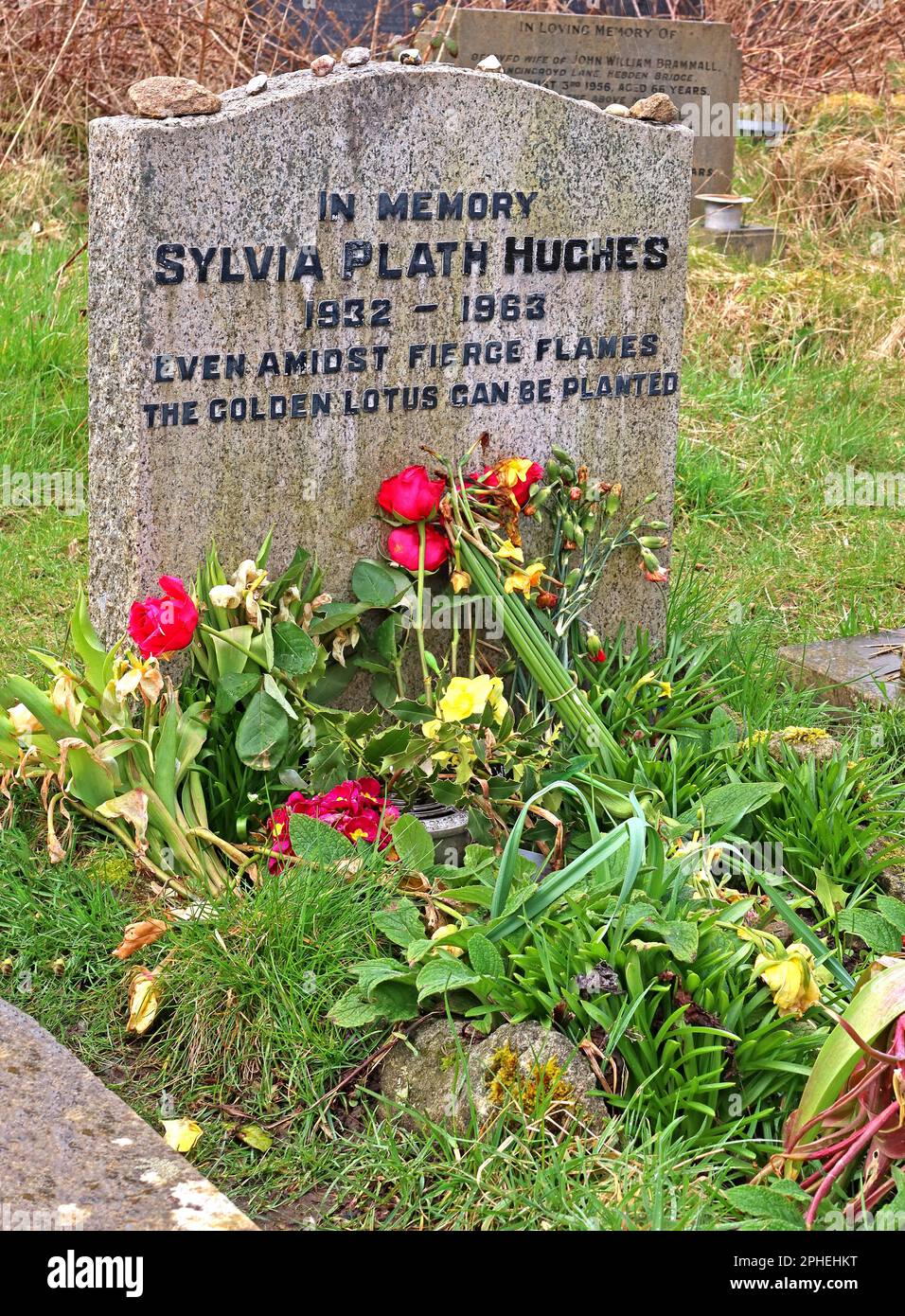Le dernier lieu de repos de Sylvia Plath Hughes, 1932-1963, pierre tombale en mémoire poète américain, même au milieu des flammes féroces, le lotus doré peut être planté Banque D'Images