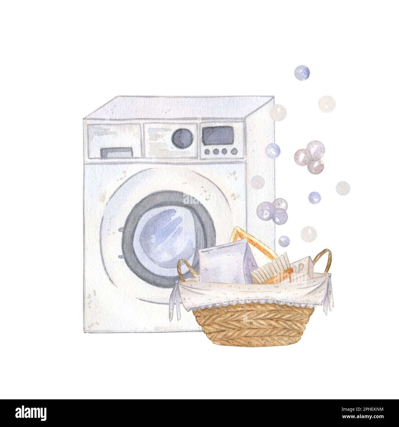 Composition avec machine à laver, panier en osier, poudre, savon, brosse et bulles de savon. Illustration aquarelle, isoler. Adapté pour l'emballage, post-c Banque D'Images
