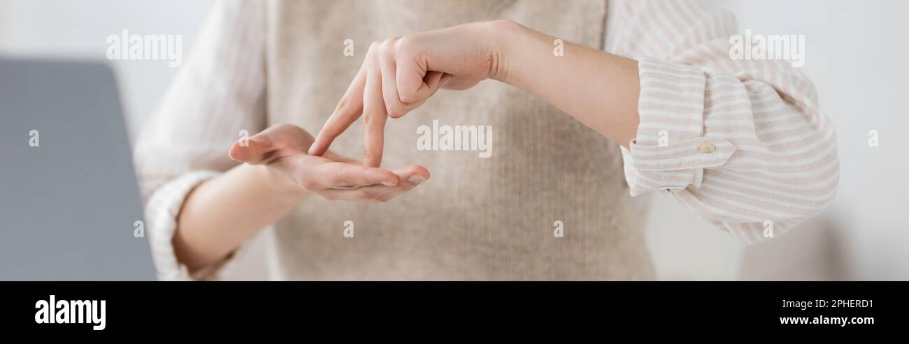 vue rognée de la femme montrant le mot du stand pendant l'enseignement de la langue des signes, de la bannière, de l'image de stock Banque D'Images