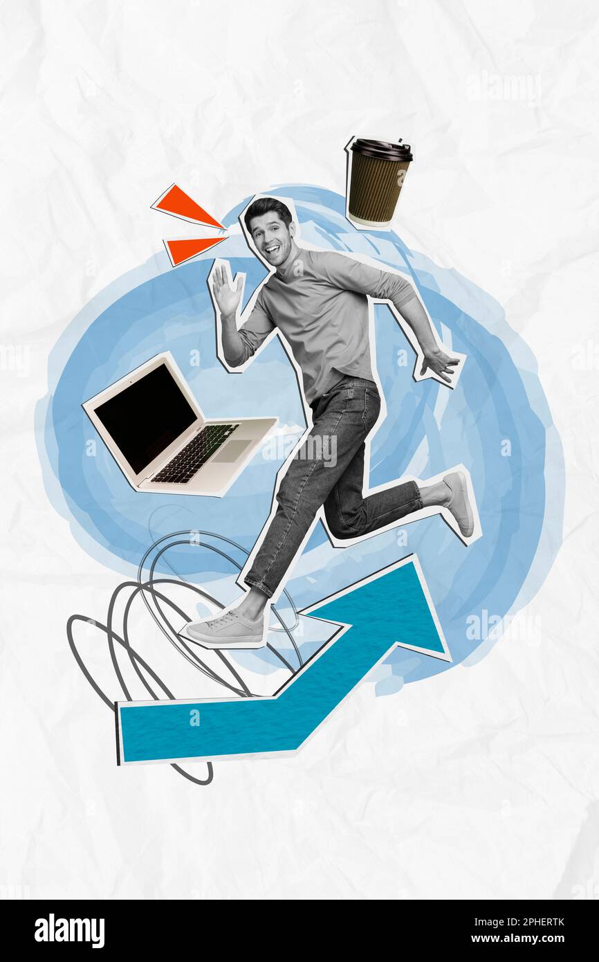 Création art collage design jeune gars multi tâche travailleur avec succès la croissance échéance matin café netbook isolé sur fond blanc Banque D'Images