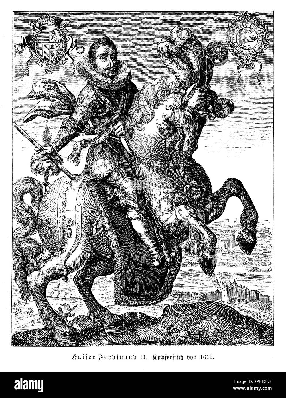 Ferdinand II (1578-1637) fut le Saint empereur romain de 1619 jusqu'à sa mort. Il était membre de la Chambre des Habsbourg et défenseur indéfectible du catholicisme face à l'opposition protestante. Son règne a été marqué par la guerre de trente ans, un conflit dévastateur qui a commencé avec la révolte de Bohême et s'est propagé dans toute l'Europe. Ferdinand était un protecteur des arts et des sciences, notamment de la musique et de l'architecture, et son règne a vu des réalisations significatives dans ces domaines Banque D'Images Ferdinand II (1578-1637) fut le Saint empereur romain de 1619 jusqu'à sa mort. Il était membre de la Chambre des Habsbourg et défenseur indéfectible du catholicisme face à l'opposition protestante. Son règne a été marqué par la guerre de trente ans, un conflit dévastateur qui a commencé avec la révolte de Bohême et s'est propagé dans toute l'Europe. Ferdinand était un protecteur des arts et des sciences, notamment de la musique et de l'architecture, et son règne a vu des réalisations significatives dans ces domaines Banque D'Images