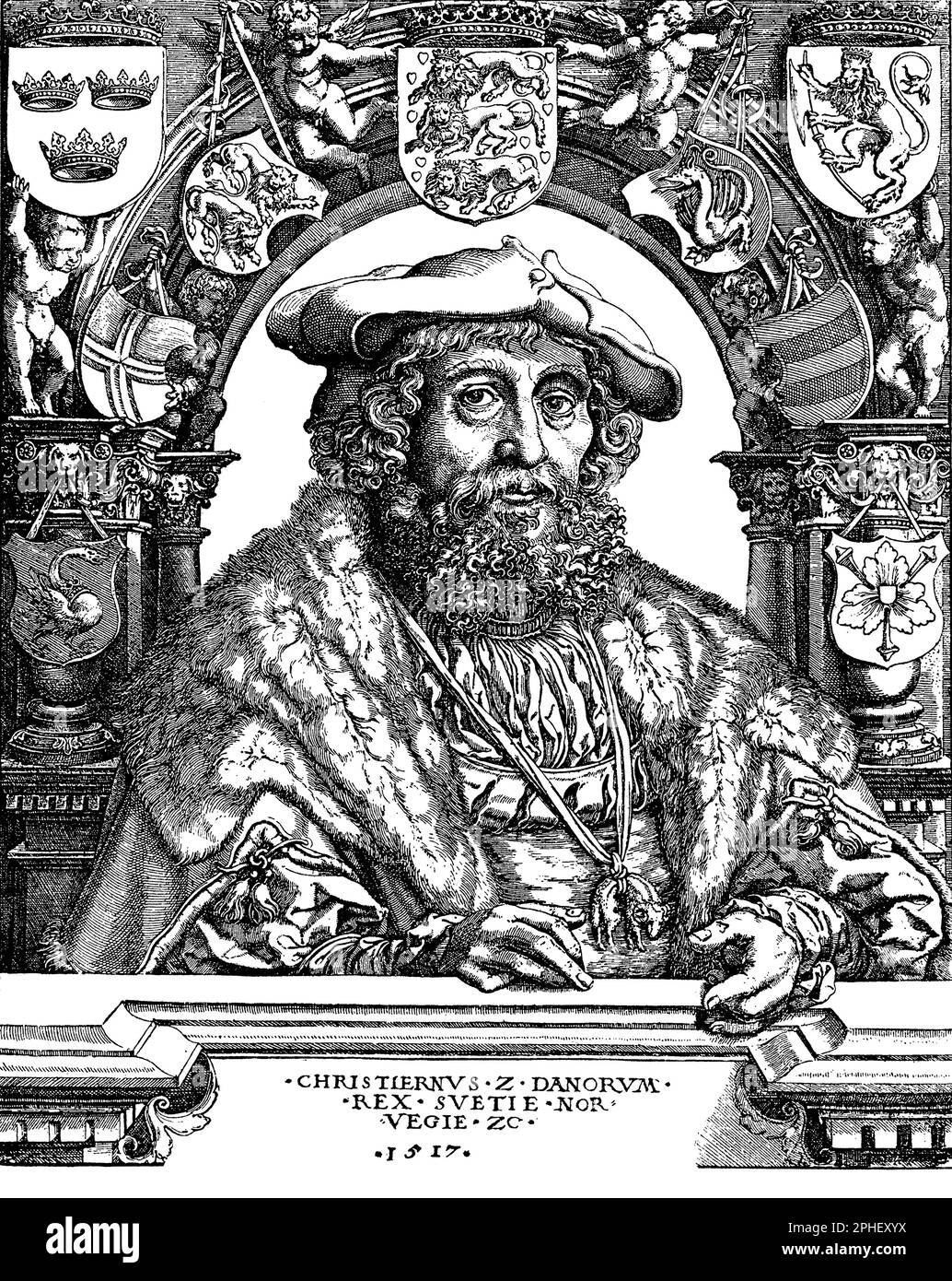 Christian II du Danemark (1481-1559) était un monarque danois qui a gouverné de 1513 à 1523. Il est connu pour ses politiques ambitieuses et controversées, qui comprenaient l'expansion des territoires danois et la mise en œuvre de la réforme au Danemark. Christian II est également tristement célèbre pour le massacre de nobles suédois au bain de sang de Stockholm en 1520, qui a gravement endommagé sa réputation et contribué à sa chute. Après avoir été forcé de abdiquer en 1523, Christian II a passé le reste de sa vie en exil aux pays-Bas et plus tard en Allemagne Banque D'Images