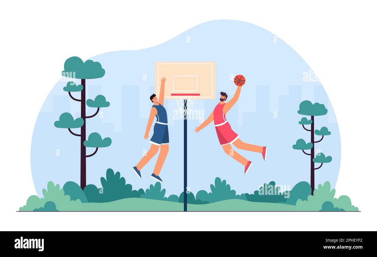 Des hommes de dessin animé jouant au basket-ball dans la rue Illustration de Vecteur