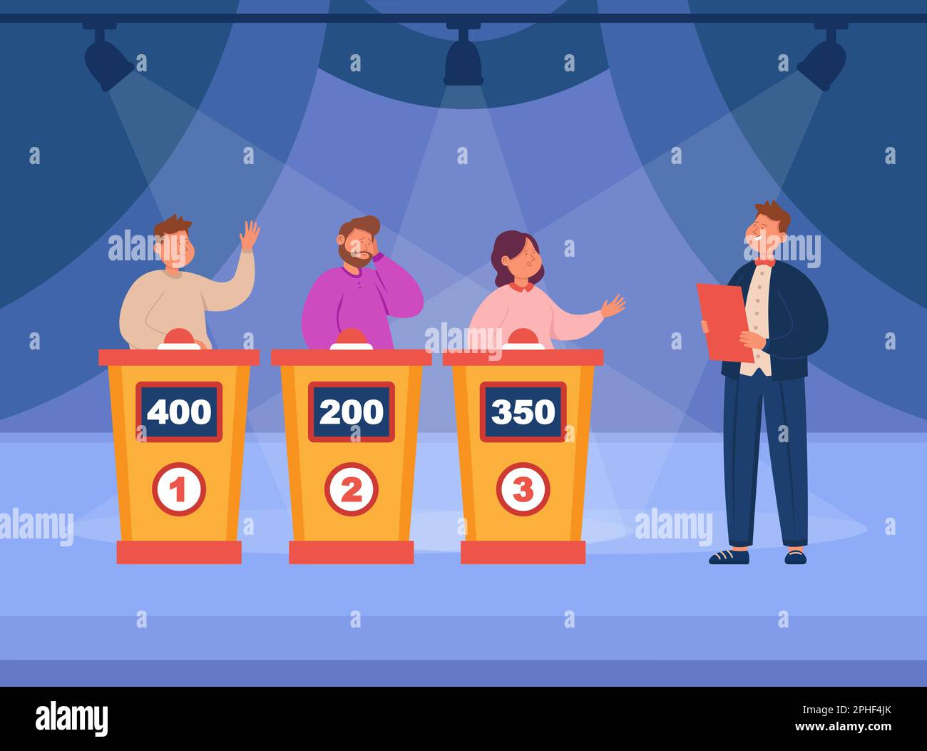 Les personnes qui jouent au jeu de quiz à la télévision montrent une illustration vectorielle plate Illustration de Vecteur