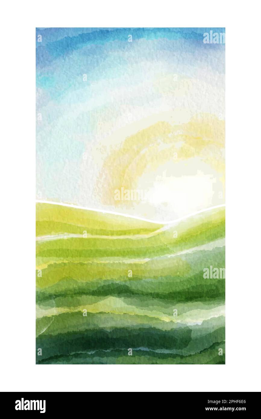 Paysage aquarelle, champs verts et soleil levant Illustration de Vecteur