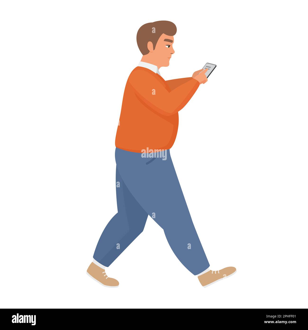 Homme gras de marche avec smartphone. Obèse garçon en utilisant l'illustration de dessin animé de vecteur mobile Illustration de Vecteur