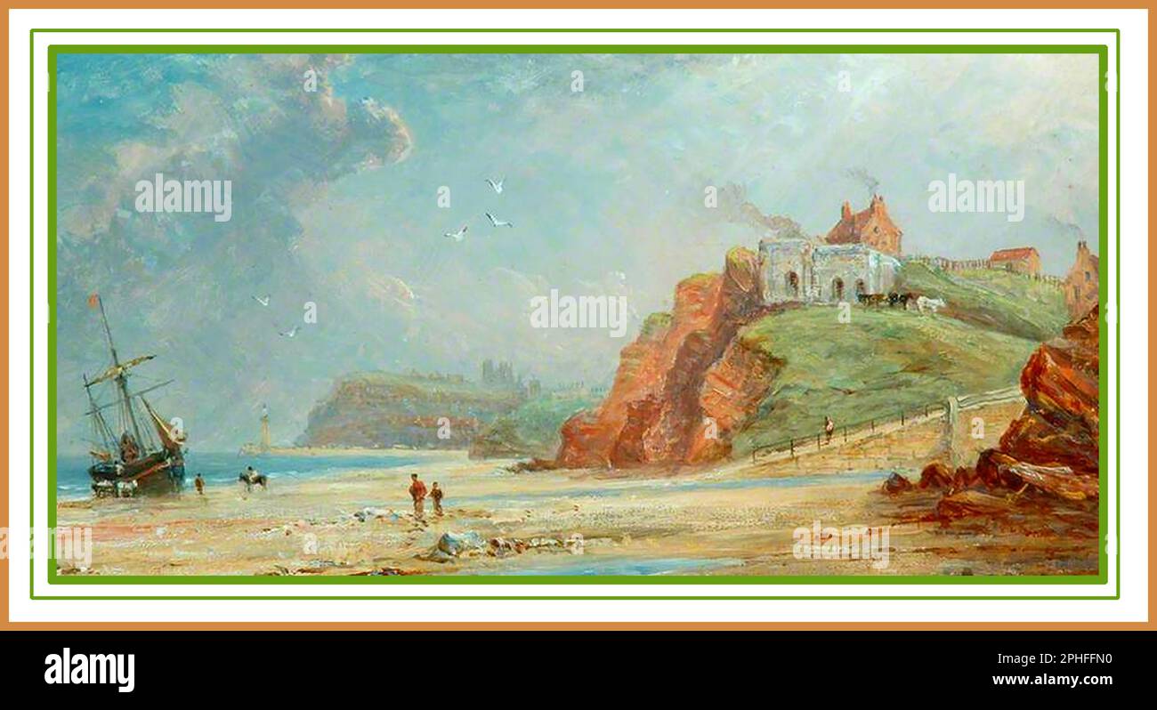 Une vieille peinture de la cale et de la plage du canot de sauvetage Upgang, près de Whitby, dans le North Yorkshire, au Royaume-Uni, avec un bateau à voile s'agrippant sur la plage. L'abbaye de Whitby est visible à distance. À droite se trouvent les anciens fours à chaux, et au-dessus de la colline, le Mulgrave Castle inn. Banque D'Images