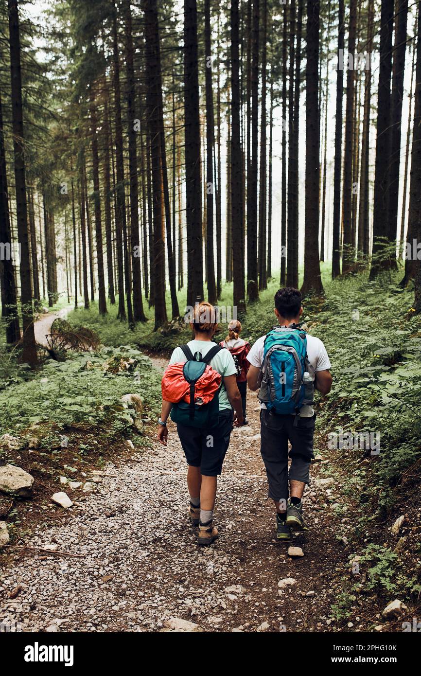 Famille avec sacs à dos randonnée dans une montagne passer des vacances d'été ensemble en marchant sur un chemin forestier. Des personnes actives passent du temps à l'extérieur Banque D'Images