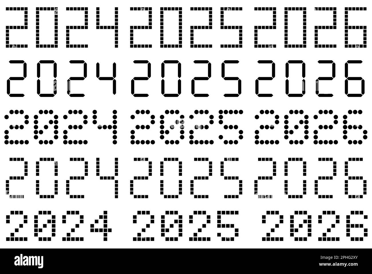 Bonne année 2024, 2025, 2026 illustration isolée sur blanc Banque D'Images