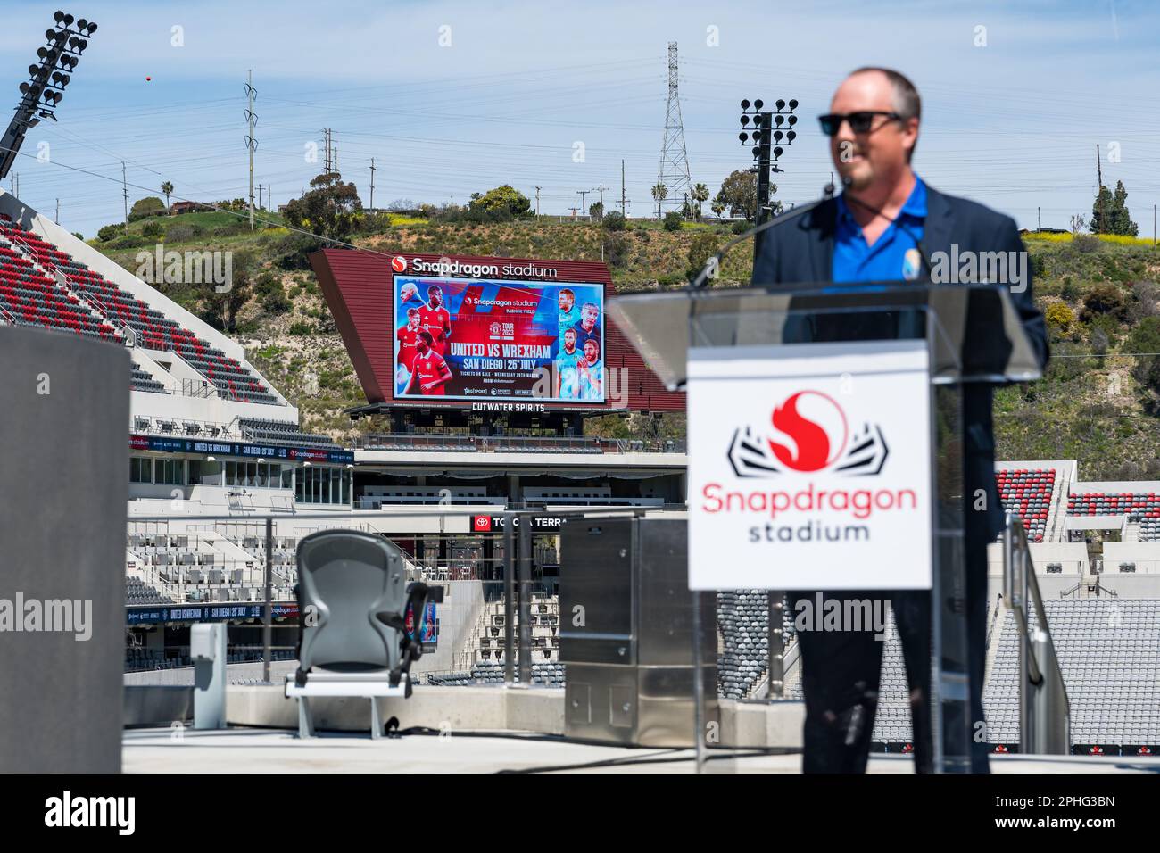 San Diego, États-Unis. 27th mars 2023. Craig Elston, CMO des San Diego Sockers, dirige l'annonce d'un Manchester United et d'un Wrexham AFC amical au stade Snapdragon. Credit: Ben Nichols/Alamy Live News Banque D'Images