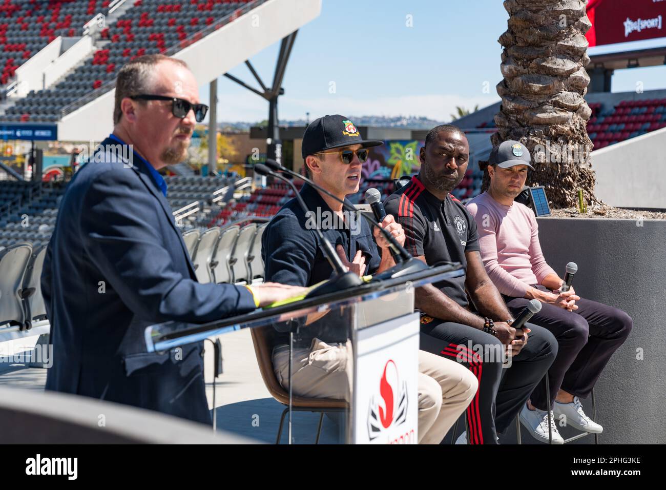 San Diego, États-Unis. 27th mars 2023. Craig Elsten, CMO des San Diego Sockers, dirige un panel avec Rob McElhenney, Andy Cole et Landon Donovan pour discuter de l'été entre Manchester United et Wrexham AFC au stade Snapdragon. Credit: Ben Nichols/Alamy Live News Banque D'Images