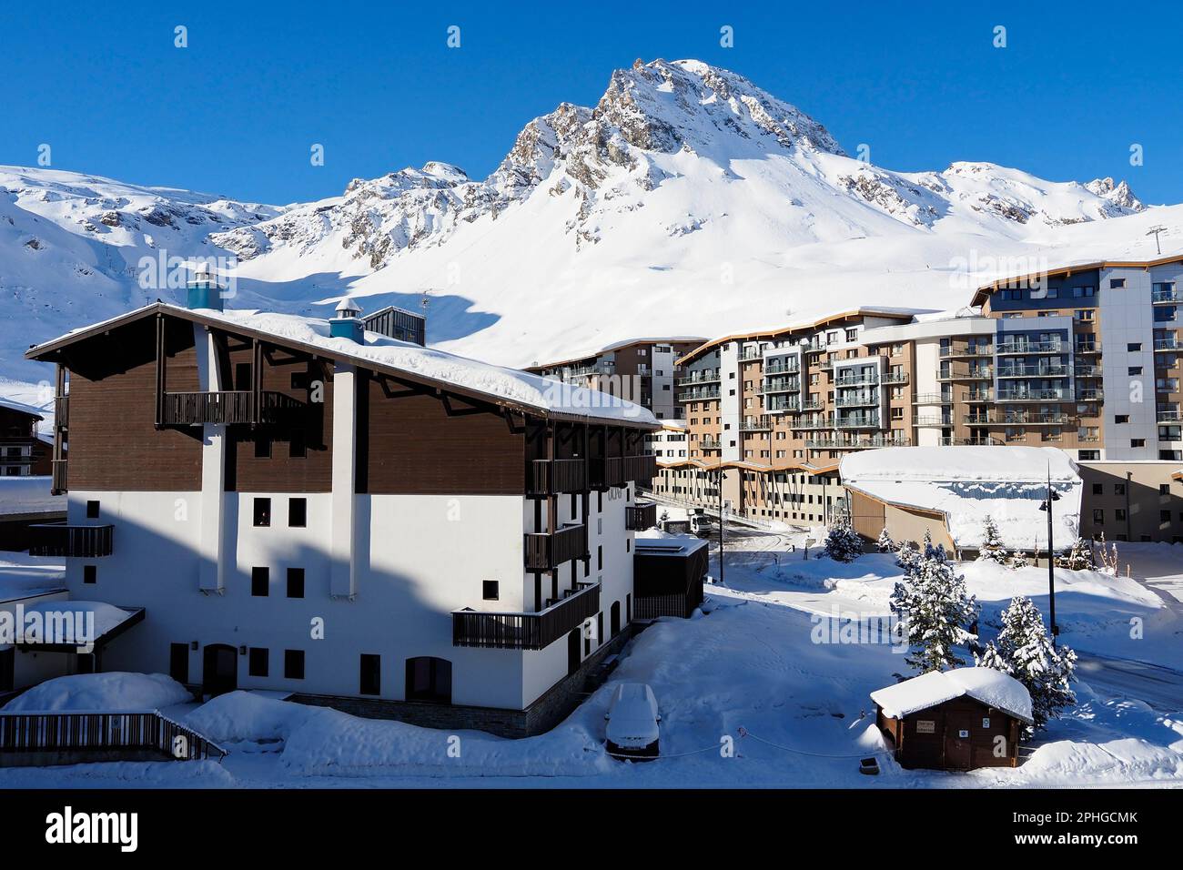 Vue sur le Val Claret Tignes en France après une chute de neige fraîche Banque D'Images
